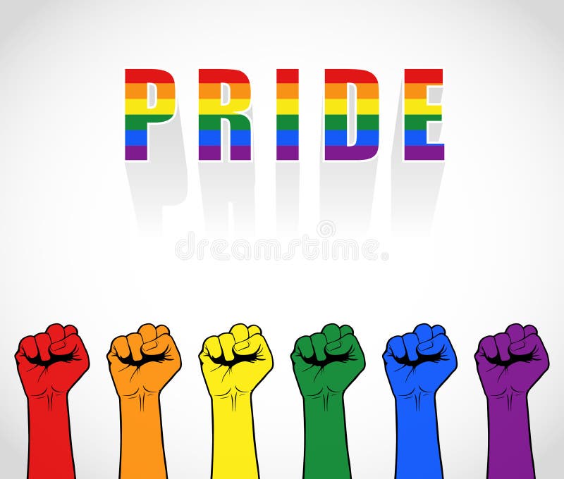 Fists each with a color of the gay pride flag and background the word pride. Fists each with a color of the gay pride flag and background the word pride