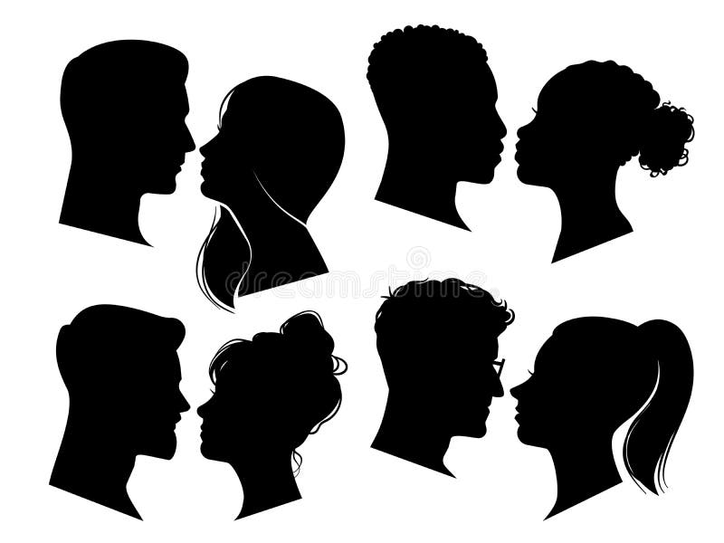 Några huvuden i profilen Silhuetter, svart konturyta för att möta anonyma profiler Avatar-porträtter royaltyfri illustrationer