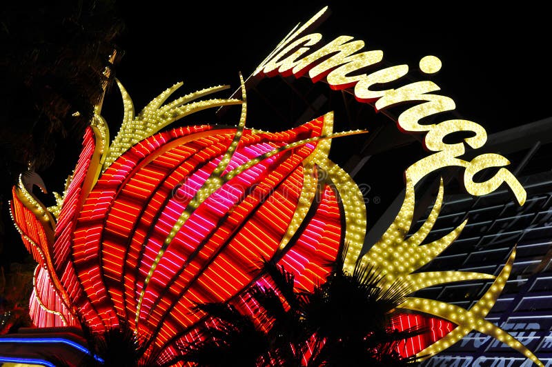 Historic &#x28;1945&#x29;Flamingo Las Vegas Neon Marquis at nighttime. Historic &#x28;1945&#x29;Flamingo Las Vegas Neon Marquis at nighttime