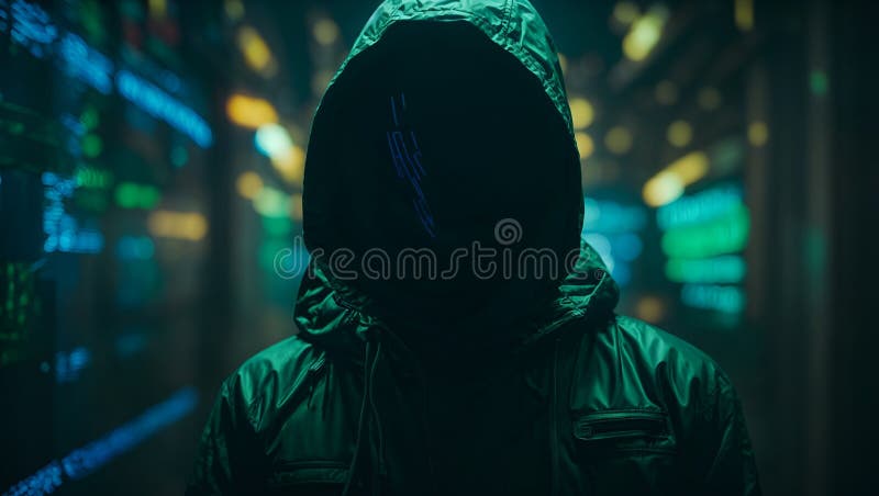 Néon noir cipher. ai génératif. Entrer dans l'inconnu avec une mystérieuse silhouette hacker jeune et voilée dans l'anonymat immergée dans les profondeurs des ombres sombres. parmi les lignes de code néonluminées, l'interaction cinématique de l'éclairage bleu et vert peint un tableau fascinant rendant hommage à l'esthétique cyberpunk inspirée de simon stalenhag et beeple. ai généré