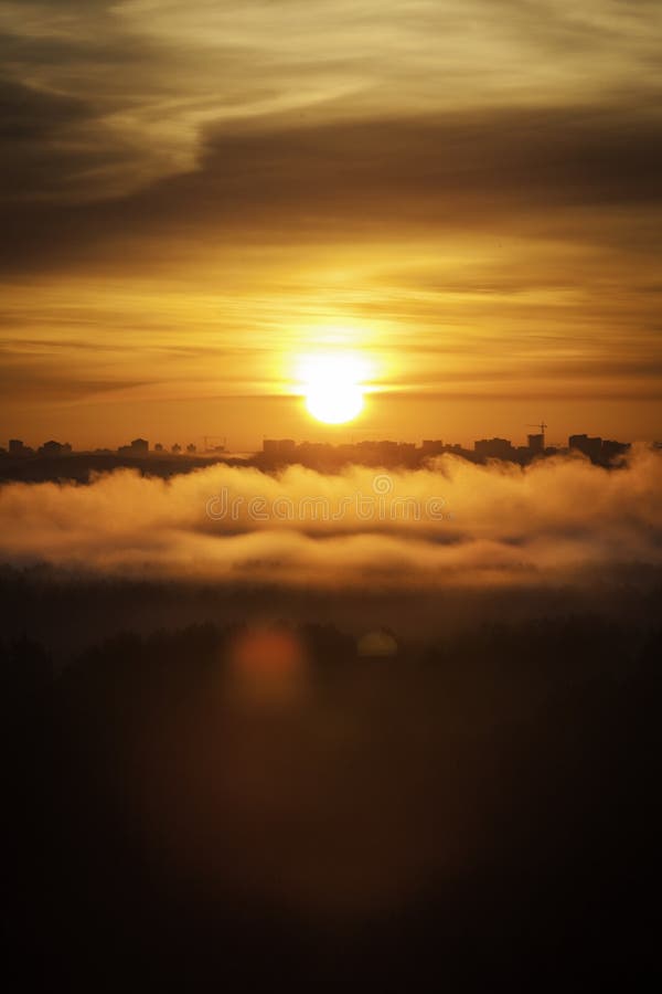Névoa e nuvens enevoadas da floresta na manhã do nascer do sol no outono acima dos treas, vista no feixe do sol, Minsk, Bielorrús imagem de stock