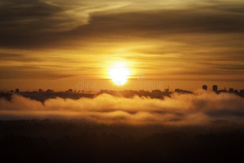 Névoa e nuvens enevoadas da floresta na manhã do nascer do sol no outono acima dos treas, vista no feixe do sol, Minsk, Bielorrús imagens de stock