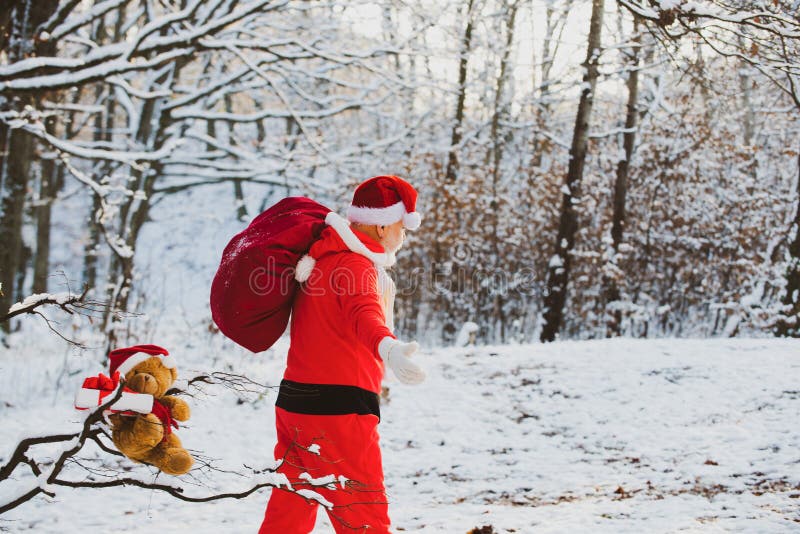Névoa mágica Santa andando pelo campo Papai Noel com bolsa caminhando no inverno Dia de Ação de Graças e Natal Real imagem de stock royalty free Névoa mágica Santa andando pelo campo Papai Noel com bolsa caminhando no inverno Dia de Ação de Graças e Natal Real imagem de stock royalty free