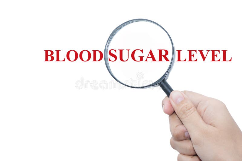Red graphic text blood sugar level with hand holding magnifying glass on white background. Red graphic text blood sugar level with hand holding magnifying glass on white background.