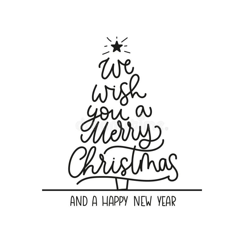 Nós desejamos-lhe o Feliz Natal e um cartão do ano novo feliz com rotulação e árvore de Natal Natal na moda e ano novo ilustração stock Nós desejamos-lhe o Feliz Natal e um cartão do ano novo feliz com rotulação e árvore de Natal Natal na moda e ano novo ilustração stock