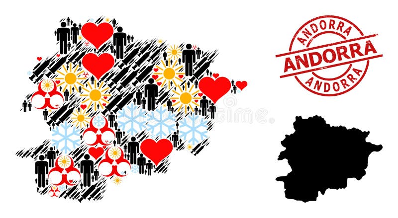 Nödstämpel och vinterstämpel och kollage för maninokulering av andorra vektor illustrationer