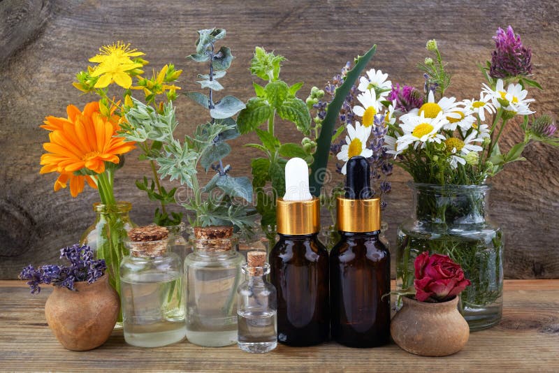 Nödvändiga oljor med örter och blommor på trätabellen arkivbild Nödvändiga oljor med örter och blommor på trätabellen arkivbild