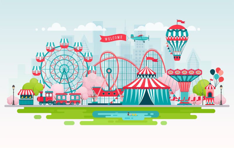 Nöjesfält stads- landskap med den karusell-, berg-och dalbana- och luftballongen Cirkus- och karnevaltema
