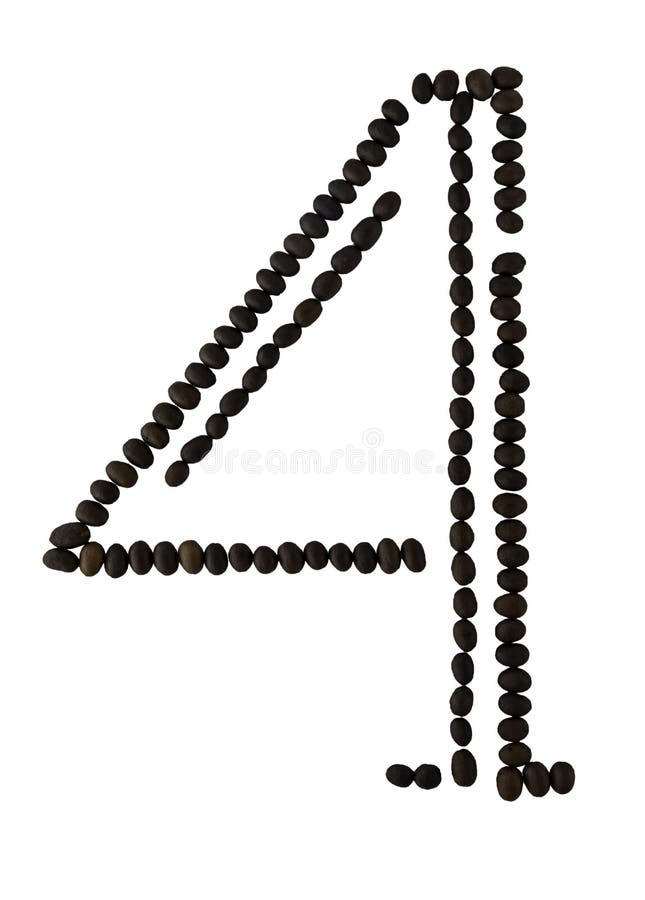 Number 4 made from roasted coffee seeds isolated on white background with clipping path from the top view can use for your messages. Selective focus. Number 4 made from roasted coffee seeds isolated on white background with clipping path from the top view can use for your messages. Selective focus