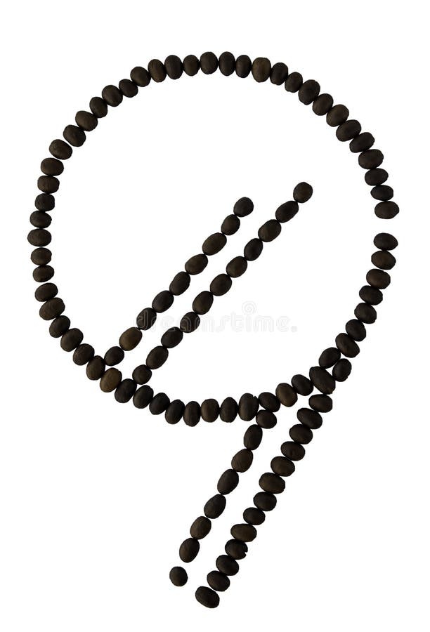 Number 9 made from roasted coffee seeds isolated on white background with clipping path from the top view can use for your messages. Selective focus. Number 9 made from roasted coffee seeds isolated on white background with clipping path from the top view can use for your messages. Selective focus