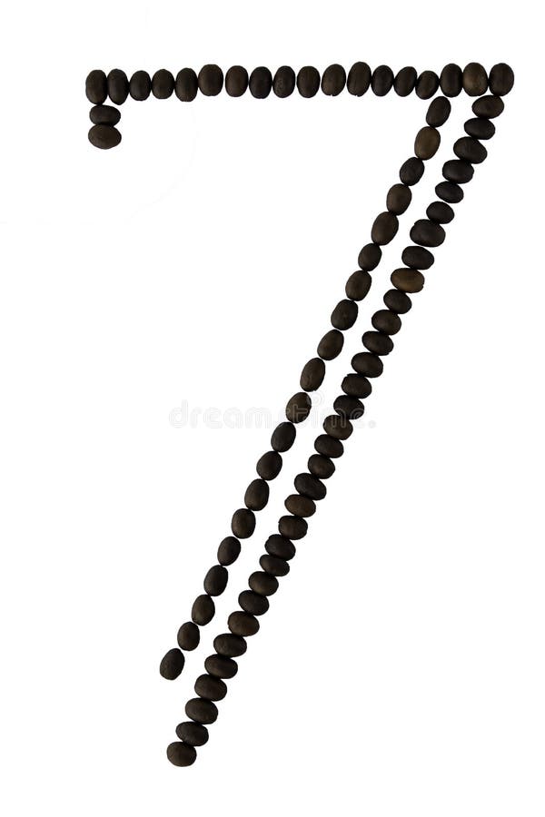 Number 7 made from roasted coffee seeds isolated on white background with clipping path from the top view can use for your messages. Selective focus. Number 7 made from roasted coffee seeds isolated on white background with clipping path from the top view can use for your messages. Selective focus