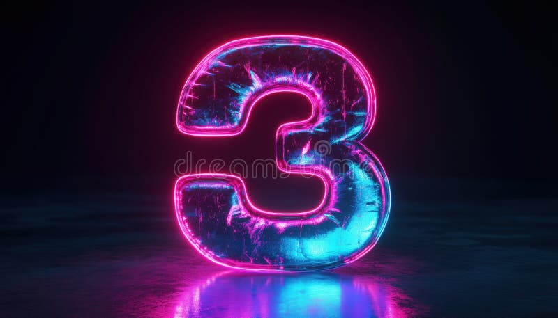 Número Digital Três Renderizado em Neon com Gradiente Rosa e Azul fotos de stock royalty free