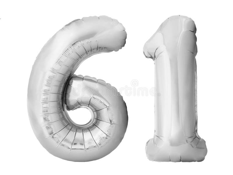 Número 61 sesenta uno hecho de globos inflables de plata aislados en fondo blanco fotos de archivo libres de regalías