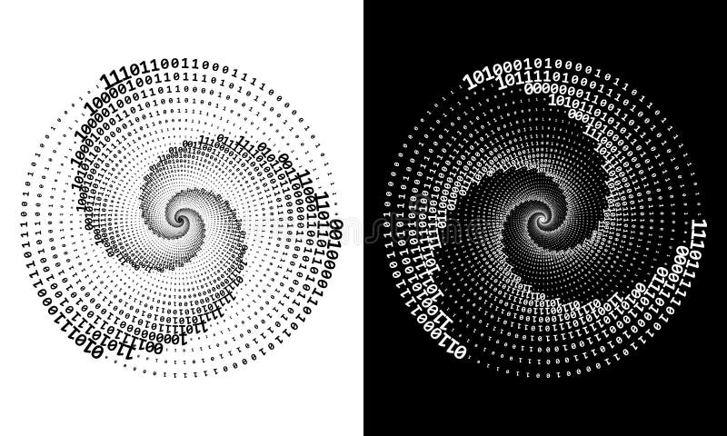 Abstract numbers one and zero in a spiral over a black and white backgrounds. Big data concept, logo icon or tattoo. The numbers 1 and 0 alternate randomly. EPS10 vector illustration. Abstract numbers one and zero in a spiral over a black and white backgrounds. Big data concept, logo icon or tattoo. The numbers 1 and 0 alternate randomly. EPS10 vector illustration.