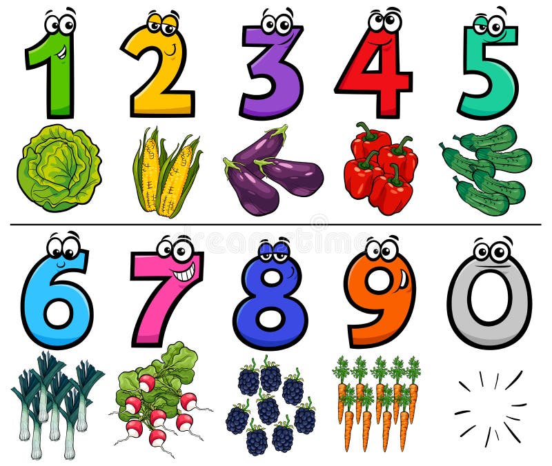 Números educativos de la historieta fijados con los objetos de la comida stock de ilustración Números educativos de la historieta fijados con los objetos de la comida stock de ilustración