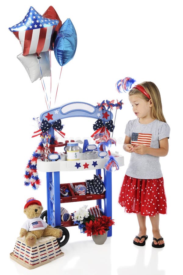 An adorable preschooler looking after her 4th of July vendor stand. The stand's signs are left blank for your text. On a white background. An adorable preschooler looking after her 4th of July vendor stand. The stand's signs are left blank for your text. On a white background.