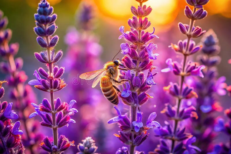 O albină meliferă din California în acțiune, surprinzând frumusețea florilor de salvie de primăvară și polenizarea într-un mediu l vector illustration