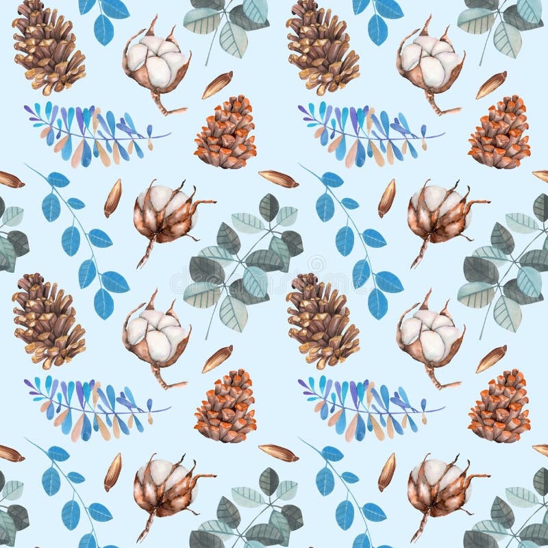 O algodão da aquarela floresce, cones do pinho e teste padrão sem emenda do Natal do inverno dos ramos do azul ilustração stock O algodão da aquarela floresce, cones do pinho e teste padrão sem emenda do Natal do inverno dos ramos do azul ilustração stock
