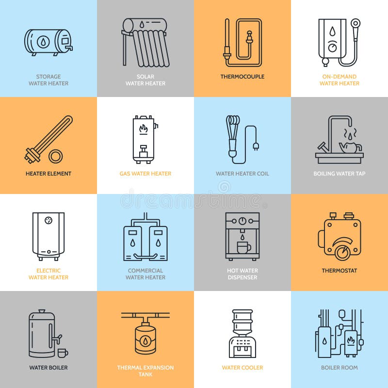 O aquecedor de água, a caldeira, o termostato, bondes, gás, calefatores solares e o outro equipamento de aquecimento da casa alin ilustração do vetor O aquecedor de água, a caldeira, o termostato, bondes, gás, calefatores solares e o outro equipamento de aquecimento da casa alin ilustração do vetor