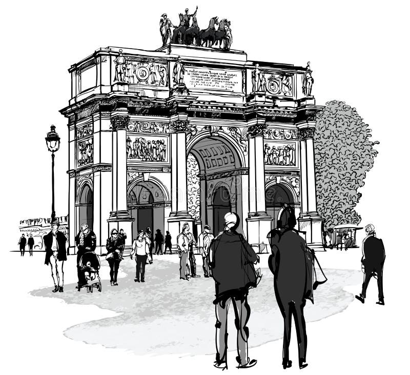 O arco do carrossel do triunfo e Tuileries jardinam em Paris ilustração royalty free O arco do carrossel do triunfo e Tuileries jardinam em Paris ilustração royalty free