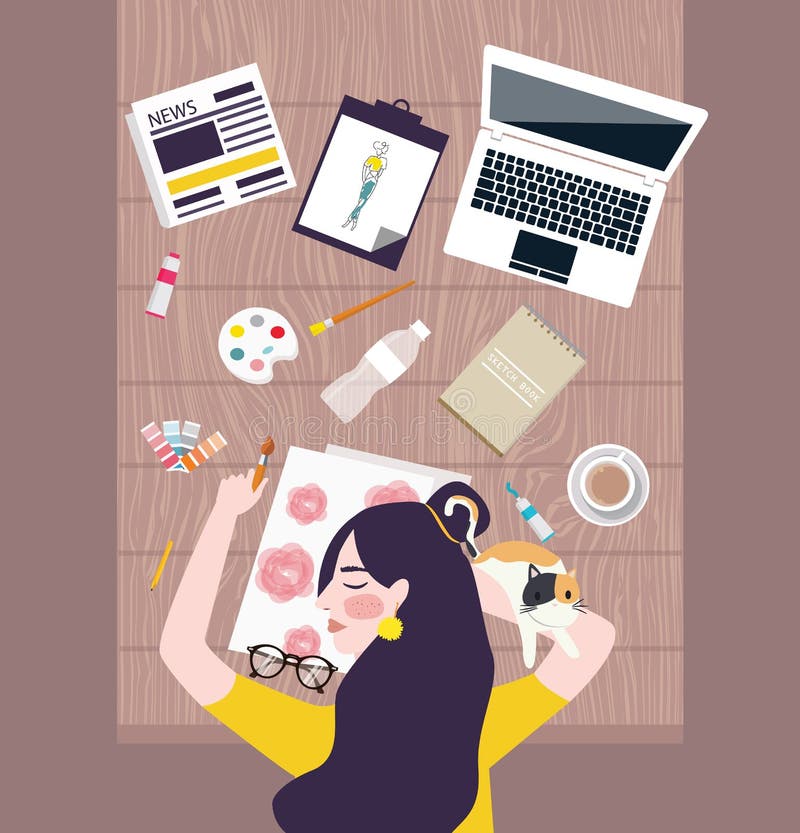 O artista ocupado do desenhista da mulher que toma uma sesta na tabela de funcionamento com o portátil da cor de água e enche tud ilustração do vetor O artista ocupado do desenhista da mulher que toma uma sesta na tabela de funcionamento com o portátil da cor de água e enche tud ilustração do vetor