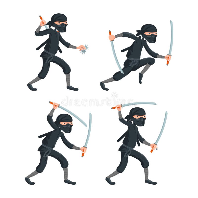 Ninja Assassino Personagem Em Um Traje Preto Completo Em Pé Em Uma Pose De  Combate Com Espadas Katana Atrás Das Costas, Arte Marcial Japonesa  Ilustração Vetorial Sobre Um Fundo Branco Ilustraciones svg