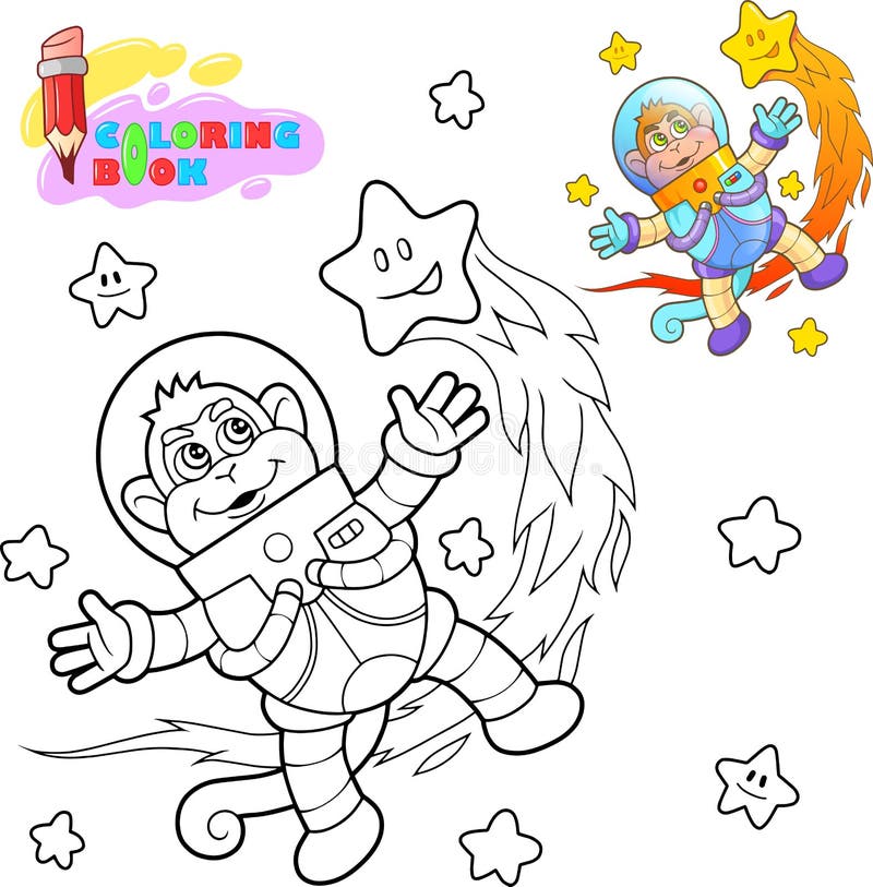 O astronauta bonito do macaco voa entre o livro para colorir das estrelas ilustração stock O astronauta bonito do macaco voa entre o livro para colorir das estrelas ilustração stock