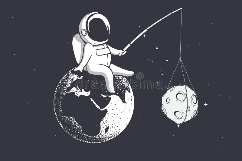 O astronauta guarda a lua com uma vara ilustração do vetor O astronauta guarda a lua com uma vara ilustração do vetor