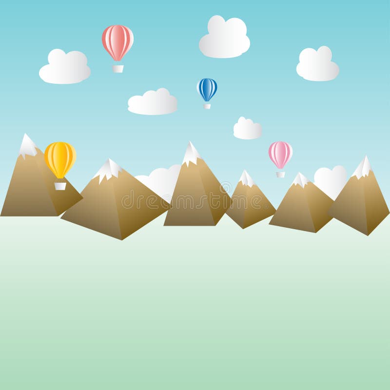 O baixo balão de ar quente poli do paraquedas das montanhas nubla-se o horizonte da paisagem da cena do céu ilustração stock O baixo balão de ar quente poli do paraquedas das montanhas nubla-se o horizonte da paisagem da cena do céu ilustração stock