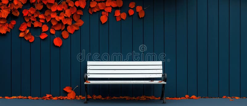 O bancă albă stă pe un perete albastru închis cu frunze roșii împrăștiate în jurul ei. stock photos