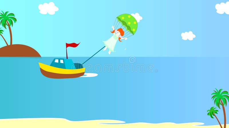 O barco puxa a menina em um paraquedas sobre o mar, animação