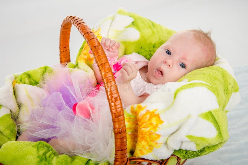 O bebê de dois meses que encontra-se em uma cesta foto de stock O bebê de dois meses que encontra-se em uma cesta foto de stock