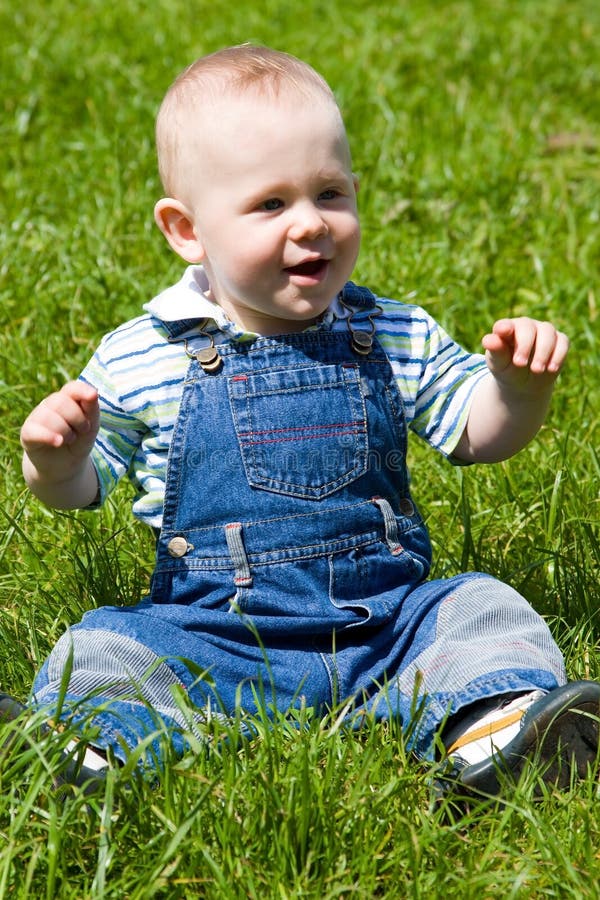 O bebê pequeno senta-se na grama imagem de stock O bebê pequeno senta-se na grama imagem de stock