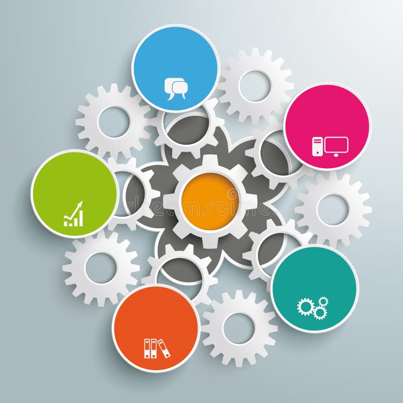 Infográfico colorido com flores, engrenagens brancas PiAd ilustração stock