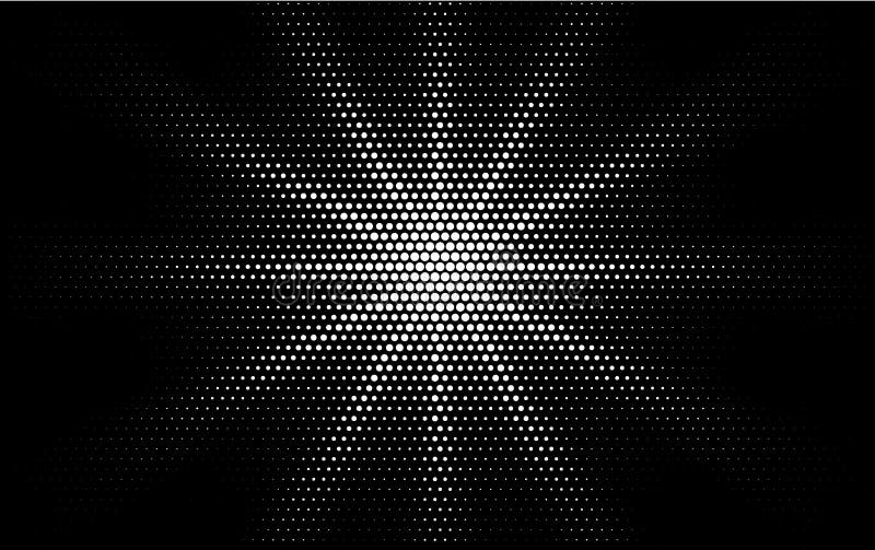 White dotted gradient halftone pop art retro style design on black background. Monochrome shine star or sun. White dotted gradient halftone pop art retro style design on black background. Monochrome shine star or sun.