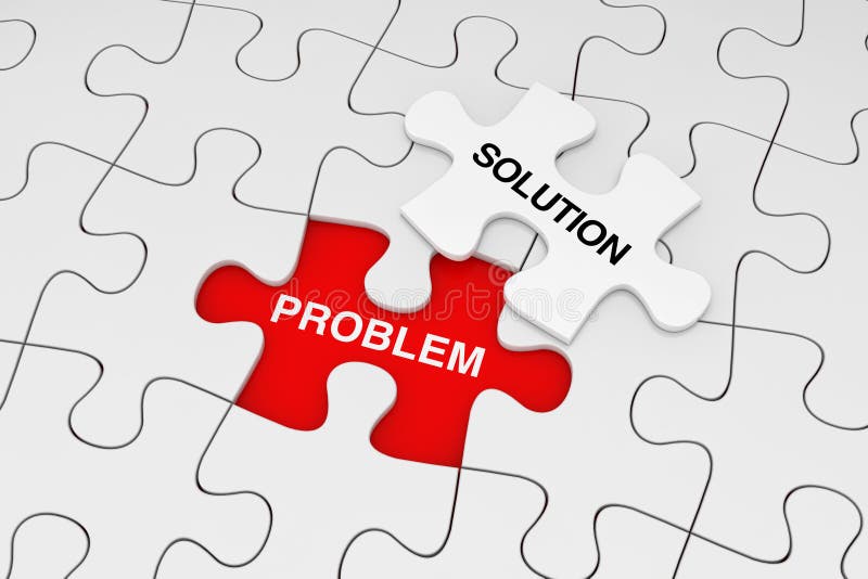 O bucată de puzzle alb deasupra câmpului de puzzle alb cu cuvinte problemă și soluție 3d royalty free illustration