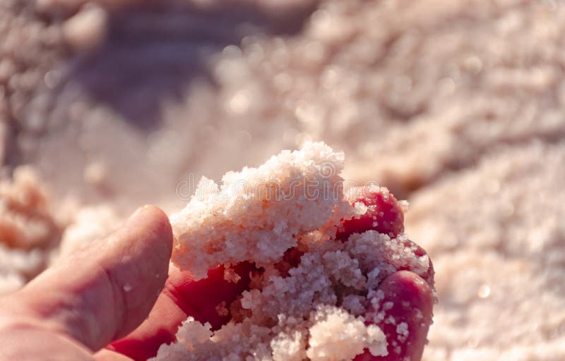 O bucată de sare în mâna ta. sare roz naturală dintr-o carieră de sare. extracția sării marine. extracția prin evaporare a mineral royalty free stock photos