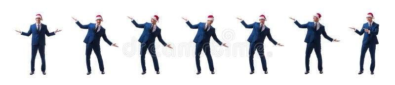 O busnessman novo que veste o chap?u de Santa no conceito do Natal no branco fotos de stock O busnessman novo que veste o chap?u de Santa no conceito do Natal no branco fotos de stock