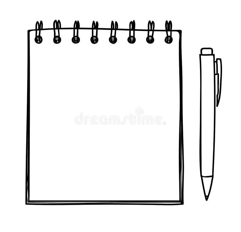 Caderno em branco e caneta, ilustração vetorial desenhada à mão em estilo de linha ilustração do vetor