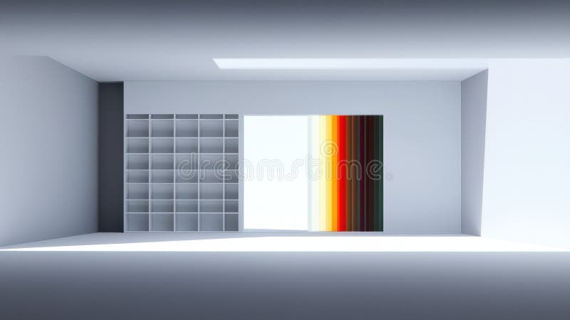 O cameră albă minimalistă, cu un raft negru și o perdea colorată. stock photos