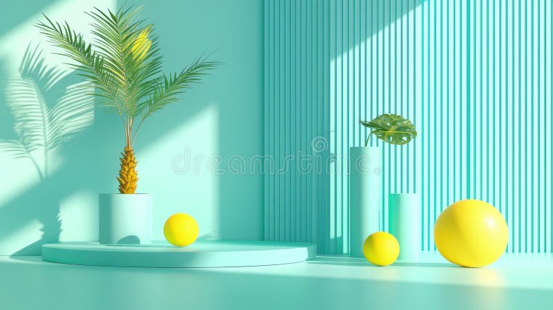 O cameră minimalistă cu un perete verde, un palmier și trei sfere. royalty free stock images