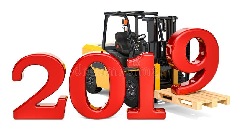 O caminhão de empilhadeira com 2019, o ano novo e o Natal entregam o conceito ilustração do vetor O caminhão de empilhadeira com 2019, o ano novo e o Natal entregam o conceito ilustração do vetor