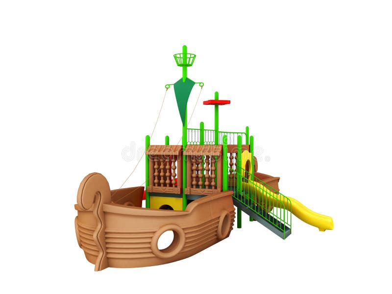 O campo de jogos para o verde amarelo 3d do marrom do navio das crianças rende no whi ilustração royalty free O campo de jogos para o verde amarelo 3d do marrom do navio das crianças rende no whi ilustração royalty free
