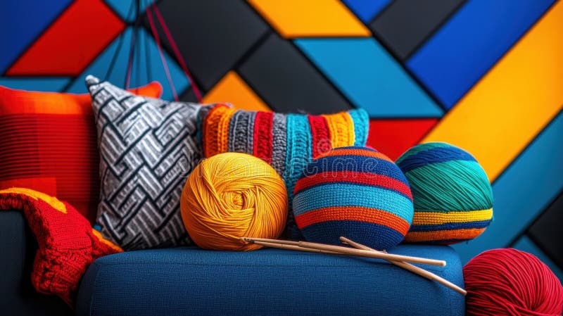 O canapea albastră cu perne și bile colorate, așezate pe un perete geometric. stock photos