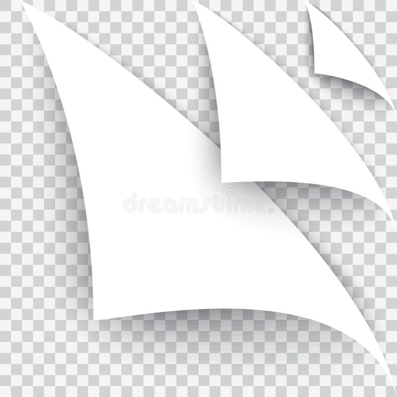 O canto curvado da página A folha branca em um fundo transparente Vetor realístico Um grupo de três tipos ilustração do vetor O canto curvado da página A folha branca em um fundo transparente Vetor realístico Um grupo de três tipos ilustração do vetor
