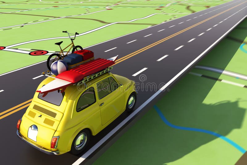 Car filled with luggage runs along a freeway on a road map. 3D Rendering. Car filled with luggage runs along a freeway on a road map. 3D Rendering