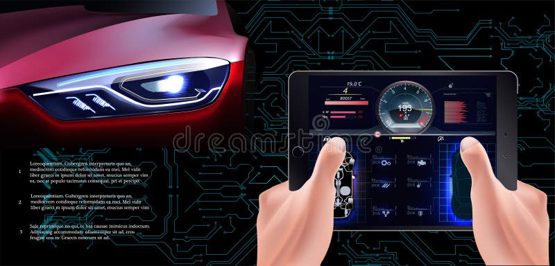 O carro vermelho futurista em um fundo tecnologico Carro da exploração, ilustração do vetor O carro vermelho futurista em um fundo tecnologico Carro da exploração, ilustração do vetor
