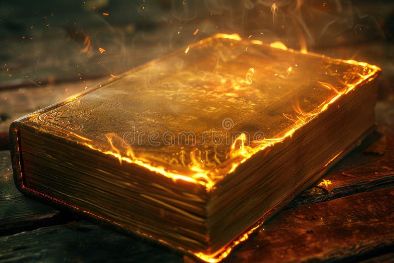 O carte pe foc se așează pe o suprafață de lemn cu flăcări care acoperă paginile royalty free stock images