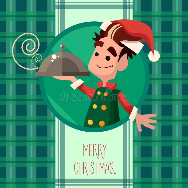 O cartão com o duende dos desenhos animados para o Natal e o ano novo party ilustração stock O cartão com o duende dos desenhos animados para o Natal e o ano novo party ilustração stock
