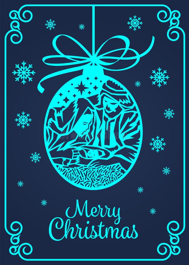O cartão da bandeira do Feliz Natal com arte mary e Joseph do corte do papel em um comedoiro com bebê Jesus na bola e na neve do ilustração stock O cartão da bandeira do Feliz Natal com arte mary e Joseph do corte do papel em um comedoiro com bebê Jesus na bola e na neve do ilustração stock
